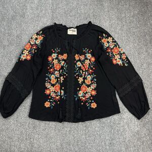 Savanna Jane Top Womens Medium Black Floral Embroidered Puff Sleeve Tassel Tie